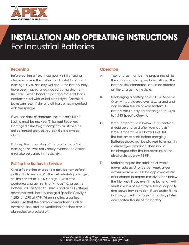 ApexMHC - Installation _ Operating Instructions For Industrial Batteries