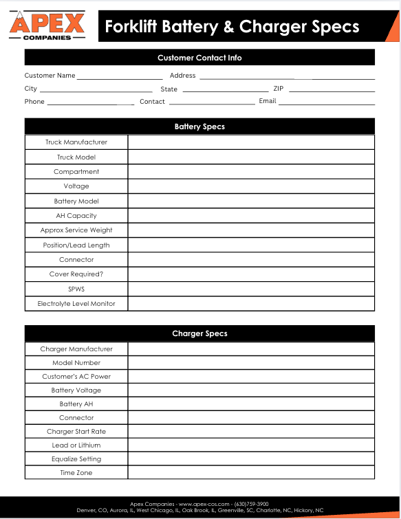 Forklift Battery and Charger Specs | Apex Companies